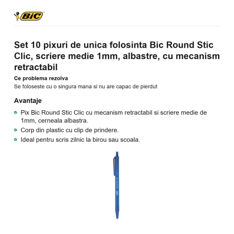 Set 10 pixuri de unica folosinta Bic Round Stic Clic, scriere medie 1mm, albastre, cu mecanism retractabil [1]