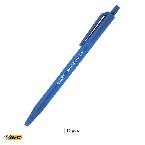 Pixuri - Set 10 pixuri de unica folosinta Bic Round Stic Clic, scriere medie 1mm, albastre, cu mecanism retractabil