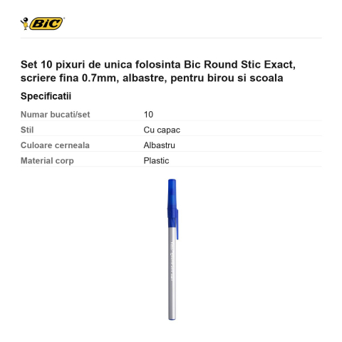 Set 10 pixuri de unica folosinta Bic Round Stic Exact, scriere fina 0.7mm, albastre, pentru birou si scoala [2]