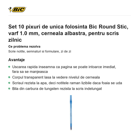 Set 10 pixuri de unica folosinta Bic Round Stic, varf 1.0 mm, cerneala albastra, pentru scris zilnic [1]