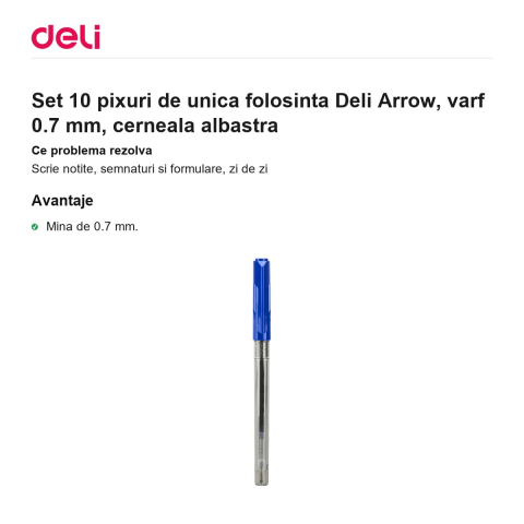 Set 10 pixuri de unica folosinta Deli Arrow, varf 0.7 mm, cerneala albastra [1]