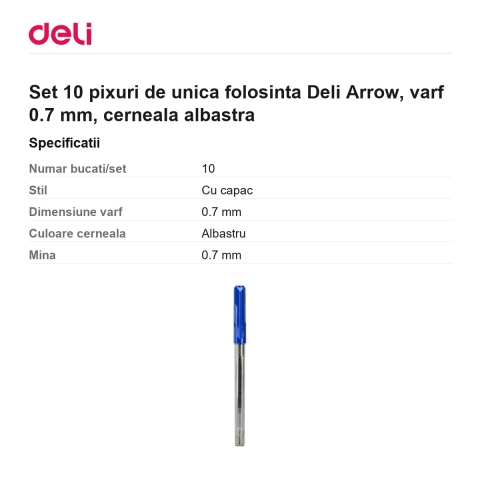 Set 10 pixuri de unica folosinta Deli Arrow, varf 0.7 mm, cerneala albastra [2]