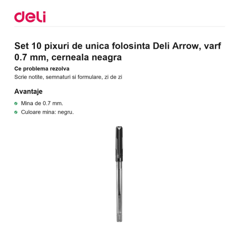 Set 10 pixuri de unica folosinta Deli Arrow, varf 0.7 mm, cerneala neagra [1]