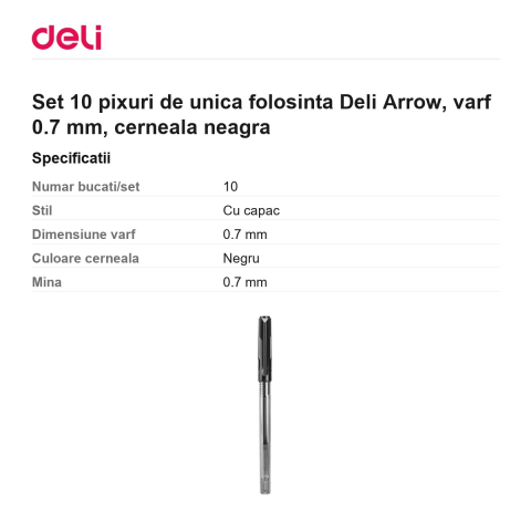 Set 10 pixuri de unica folosinta Deli Arrow, varf 0.7 mm, cerneala neagra [2]