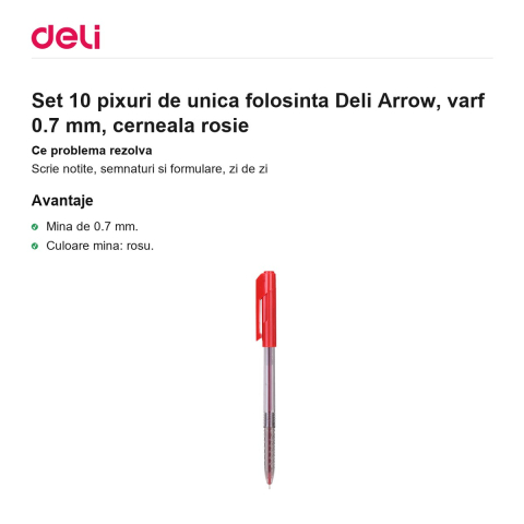 Set 10 pixuri de unica folosinta Deli Arrow, varf 0.7 mm, cerneala rosie [1]