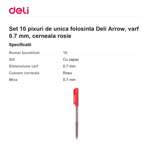 Set 10 pixuri de unica folosinta Deli Arrow, varf 0.7 mm, cerneala rosie [2]