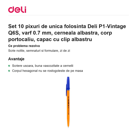 Set 10 pixuri de unica folosinta Deli P1-Vintage Q6S, varf 0.7 mm, cerneala albastra, corp portocaliu, capac cu clip albastru [1]