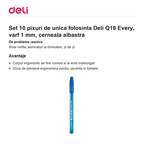 Set 10 pixuri de unica folosinta Deli Q19 Every, varf 1 mm, cerneala albastra [1]