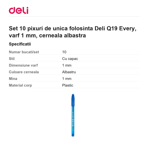 Set 10 pixuri de unica folosinta Deli Q19 Every, varf 1 mm, cerneala albastra [2]