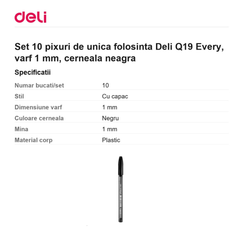 Set 10 pixuri de unica folosinta Deli Q19 Every, varf 1 mm, cerneala neagra [2]