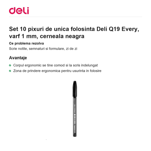 Set 10 pixuri de unica folosinta Deli Q19 Every, varf 1 mm, cerneala neagra [1]