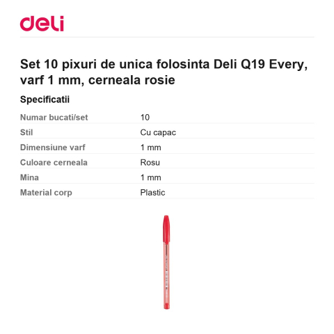 Set 10 pixuri de unica folosinta Deli Q19 Every, varf 1 mm, cerneala rosie [2]