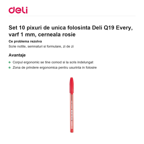 Set 10 pixuri de unica folosinta Deli Q19 Every, varf 1 mm, cerneala rosie [1]
