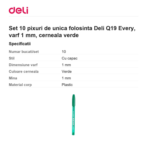 Set 10 pixuri de unica folosinta Deli Q19 Every, varf 1 mm, cerneala verde [2]