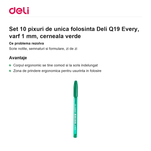 Set 10 pixuri de unica folosinta Deli Q19 Every, varf 1 mm, cerneala verde [1]