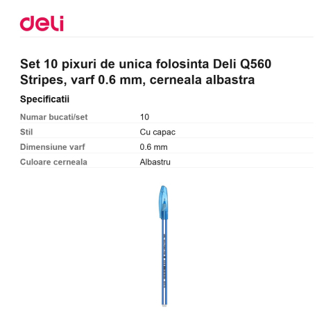 Set 10 pixuri de unica folosinta Deli Q560 Stripes, varf 0.6 mm, cerneala albastra [2]