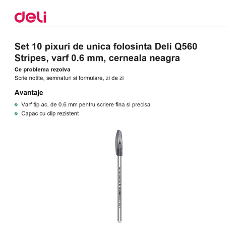 Set 10 pixuri de unica folosinta Deli Q560 Stripes, varf 0.6 mm, cerneala neagra [1]