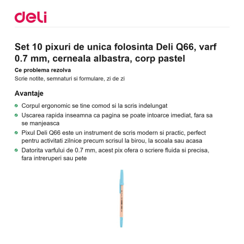 Set 10 pixuri de unica folosinta Deli Q66, varf 0.7 mm, cerneala albastra, corp pastel [1]