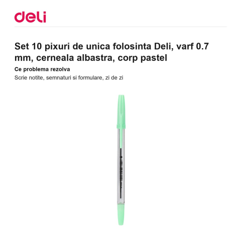 Set 10 pixuri de unica folosinta Deli, varf 0.7 mm, cerneala albastra, corp pastel [1]