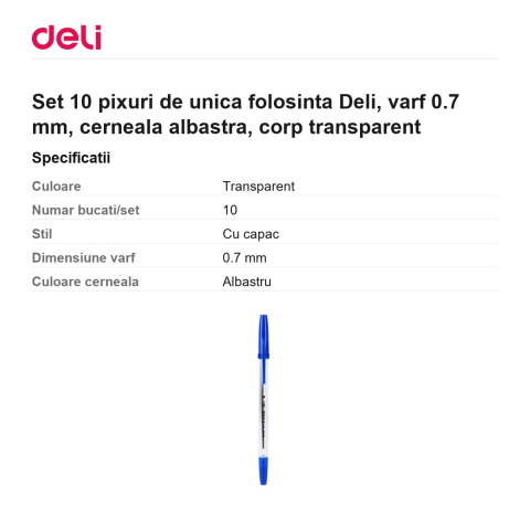 Set 10 pixuri de unica folosinta Deli, varf 0.7 mm, cerneala albastra, corp transparent [2]
