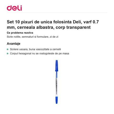 Set 10 pixuri de unica folosinta Deli, varf 0.7 mm, cerneala albastra, corp transparent [1]