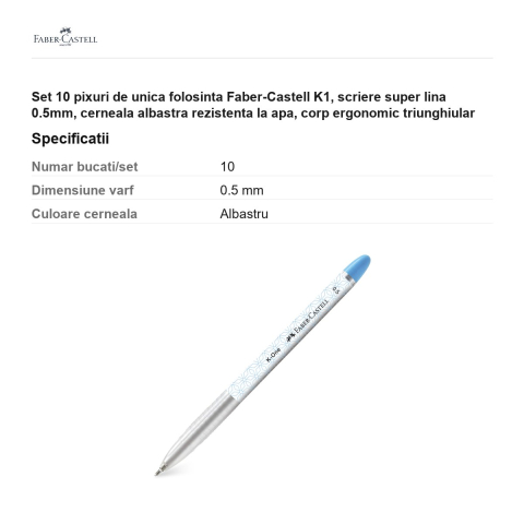Set 10 pixuri de unica folosinta Faber-Castell K1, scriere super lina 0.5mm, cerneala albastra rezistenta la apa, corp ergonomic triunghiular [2]