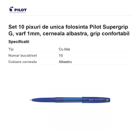 Set 10 pixuri de unica folosinta Pilot Supergrip G, varf 1mm, cerneala albastra, grip confortabil [2]