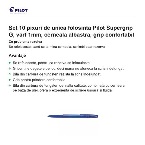 Set 10 pixuri de unica folosinta Pilot Supergrip G, varf 1mm, cerneala albastra, grip confortabil [1]