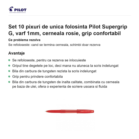 Set 10 pixuri de unica folosinta Pilot Supergrip G, varf 1mm, cerneala rosie, grip confortabil [1]