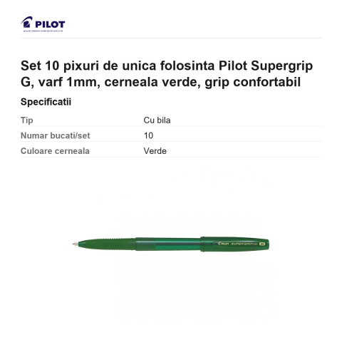 Set 10 pixuri de unica folosinta Pilot Supergrip G, varf 1mm, cerneala verde, grip confortabil [2]