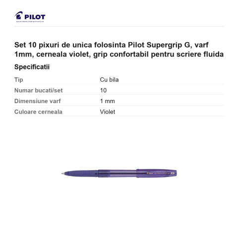 Set 10 pixuri de unica folosinta Pilot Supergrip G, varf 1mm, cerneala violet, grip confortabil pentru scriere fluida [2]