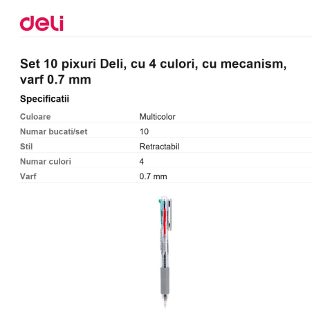 Set 10 pixuri Deli, cu 4 culori, cu mecanism, varf 0.7 mm [2]