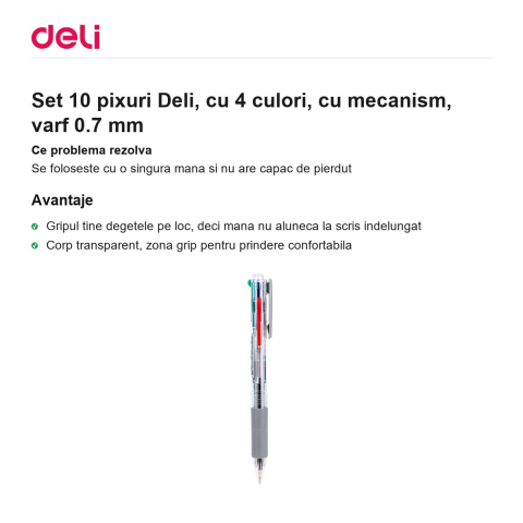 Set 10 pixuri Deli, cu 4 culori, cu mecanism, varf 0.7 mm [1]