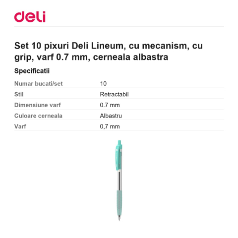 Set 10 pixuri Deli Lineum, cu mecanism, cu grip, varf 0.7 mm, cerneala albastra [2]