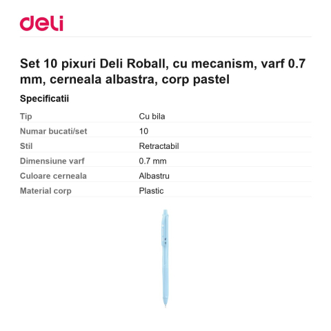 Set 10 pixuri Deli Roball, cu mecanism, varf 0.7 mm, cerneala albastra, corp pastel [2]