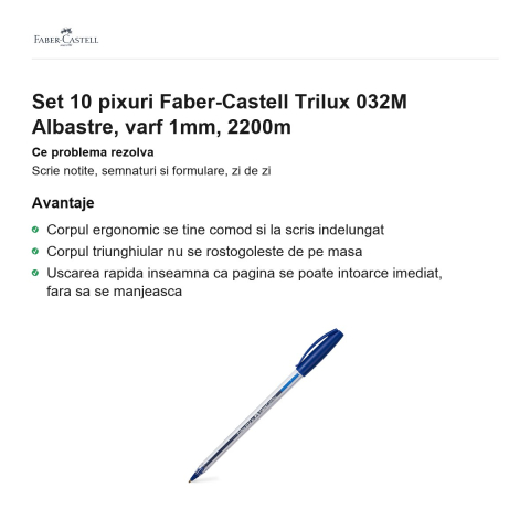 Set 10 pixuri Faber-Castell Trilux 032M Albastre, varf 1mm, 2200m [1]