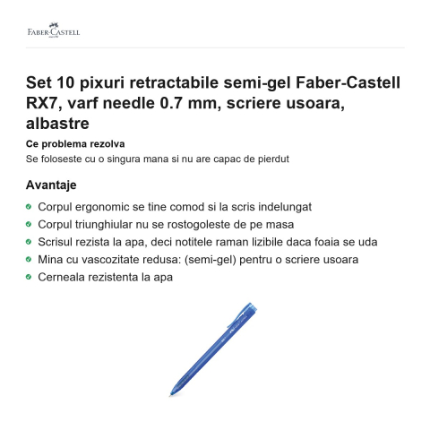 Set 10 pixuri retractabile semi-gel Faber-Castell RX7, varf needle 0.7 mm, scriere usoara, albastre [1]