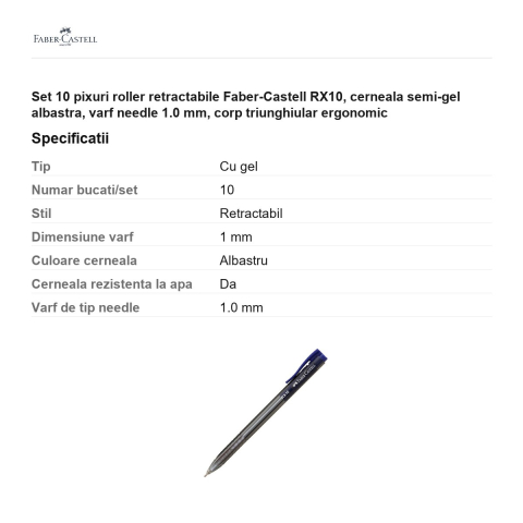 Set 10 pixuri roller retractabile Faber-Castell RX10, cerneala semi-gel albastra, varf needle 1.0 mm, corp triunghiular ergonomic [2]