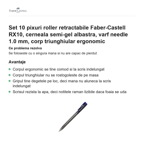 Set 10 pixuri roller retractabile Faber-Castell RX10, cerneala semi-gel albastra, varf needle 1.0 mm, corp triunghiular ergonomic [1]