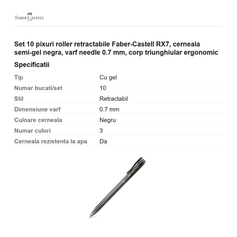 Set 10 pixuri roller retractabile Faber-Castell RX7, cerneala semi-gel negra, varf needle 0.7 mm, corp triunghiular ergonomic [2]