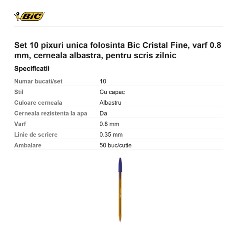 Set 10 pixuri unica folosinta Bic Cristal Fine, varf 0.8 mm, cerneala albastra, pentru scris zilnic [2]