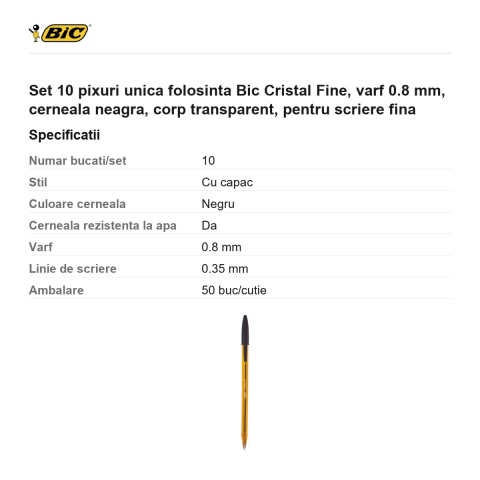 Set 10 pixuri unica folosinta Bic Cristal Fine, varf 0.8 mm, cerneala neagra, corp transparent, pentru scriere fina [2]