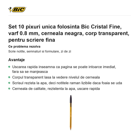 Set 10 pixuri unica folosinta Bic Cristal Fine, varf 0.8 mm, cerneala neagra, corp transparent, pentru scriere fina [1]