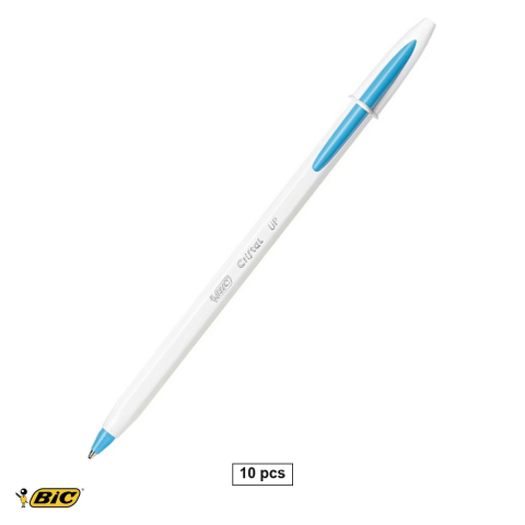Pixuri - Set 10 pixuri unica folosinta Bic Cristal Up Fun, varf 1.2 mm, cerneala albastra, scriere fluida
