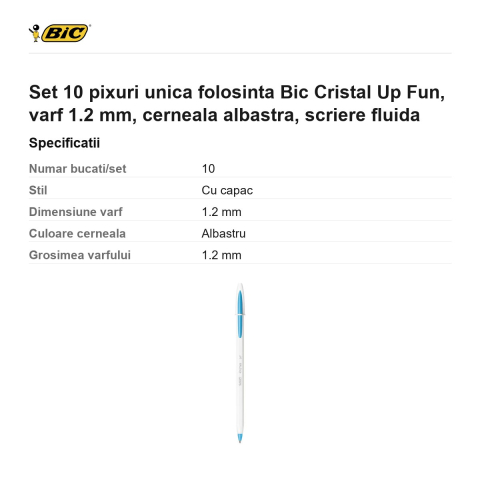 Set 10 pixuri unica folosinta Bic Cristal Up Fun, varf 1.2 mm, cerneala albastra, scriere fluida [2]