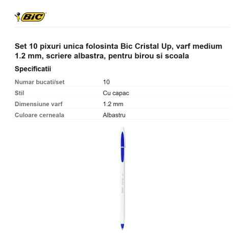 Set 10 pixuri unica folosinta Bic Cristal Up, varf medium 1.2 mm, scriere albastra, pentru birou si scoala [2]