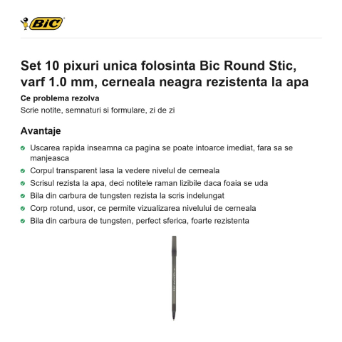 Set 10 pixuri unica folosinta Bic Round Stic, varf 1.0 mm, cerneala neagra rezistenta la apa [1]