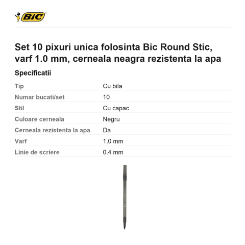 Set 10 pixuri unica folosinta Bic Round Stic, varf 1.0 mm, cerneala neagra rezistenta la apa [2]