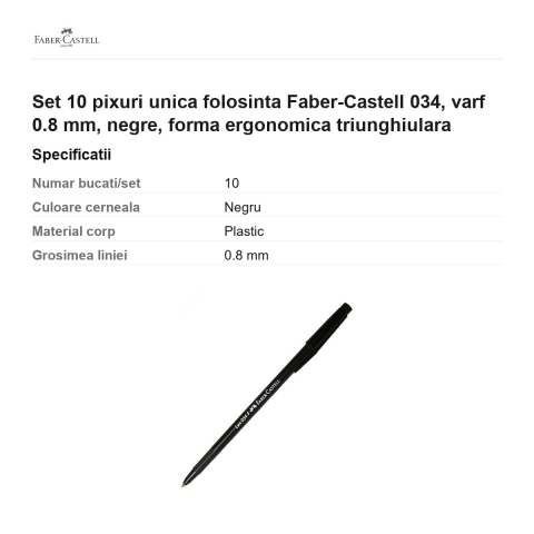 Set 10 pixuri unica folosinta Faber-Castell 034, varf 0.8 mm, negre, forma ergonomica triunghiulara [2]