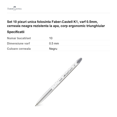 Set 10 pixuri unica folosinta Faber-Castell K1, varf 0.5mm, cerneala neagra rezistenta la apa, corp ergonomic triunghiular [2]